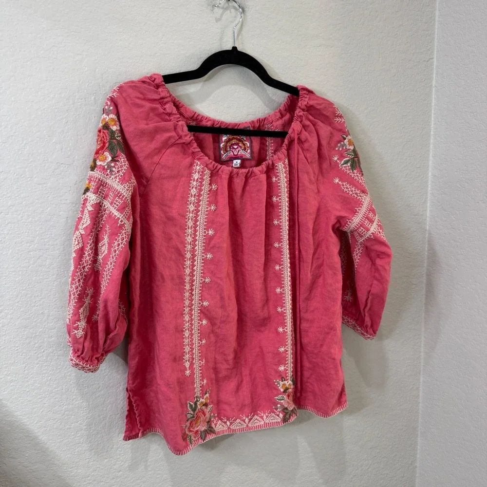 Johnny Was M 100% Linen Coral Pink Embroidered Peasant Floral Top Cottage *Read